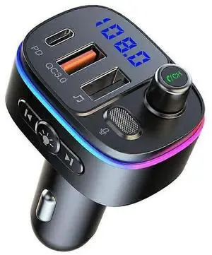 Ecocleanpath Bluetooth FM Transmitter & 18W Fast Car Charger, Hands-Free Calling, Siri/Google Assistant, RGB Lights (Black)