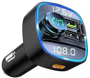 Ecocleanpath Bluetooth 5.0 FM Transmitter & Fast Charger for Car, 18W PD/QC3.0 Dual USB, 7-Color Lights, Voltage Display (Black)