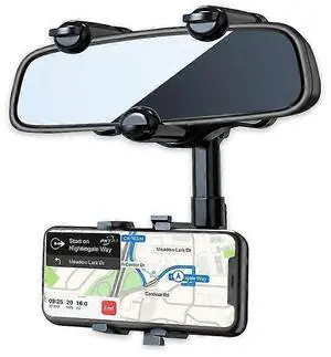 Ecocleanpath 360° Rotating Rearview Mirror Phone Holder for Car, Adjustable Arm, Universal Mount (Black)