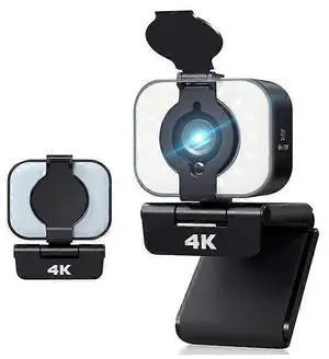 Ecocleanpath 4K Webcam with Tripod & Adjustable Fill Light, Built-in Mic, Privacy Cover (Black)