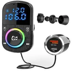 Ecocleanpath Bluetooth 5.0 Car FM Transmitter with PD/QC Fast Charging, Hands-Free Kit, TF/AUX Playback, LED Display (Black)