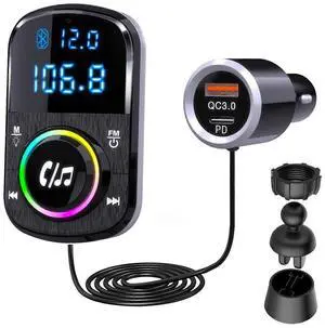 Ecocleanpath Car Bluetooth FM Transmitter with QC3.0/PD Fast Charging, Hands-Free Calls, Ambient Light & Clip/Adhesive Base