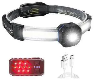 Ecocleanpath USB Rechargeable Headlamp 500 Lumens, XPG+COB LED with 210° Beam & Warning Light, IPX4 Waterproof Black Head Torch