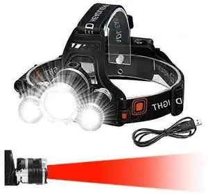 Ecocleanpath 6000 Lumen Zoomable Headlamp with Red Warning Light, Rechargeable & Waterproof (Black)