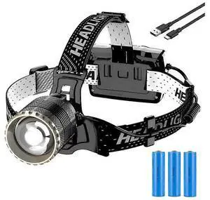 Ecocleanpath USB-C Rechargeable Headlamp, 90K Lumens, 90° Adjustable, IP65 Waterproof, 10H Runtime (Black)