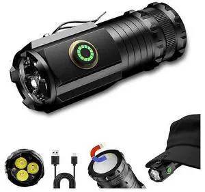 Ecocleanpath 2000 Lumens Magnetic LED Flashlight, Rechargeable Mini Torch with 5 Modes & Pen Clip (Black)