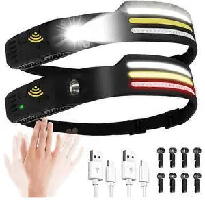 Ecocleanpath 2-Pack Rechargeable Headlamp with Motion Sensor, Super Bright COB LED, IPX4 Waterproof for Running & Camping (Black)