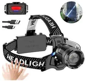 Ecocleanpath 10000 Lumens Rechargeable LED Headlamp with Motion Sensor & Phone Charging, Adjustable for Running Camping (Black)