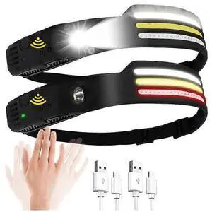 Ecocleanpath 2-Pack Rechargeable Headlamp with Motion Sensor, Super Bright COB LED, 8 Modes, IPX4 Waterproof (Black)