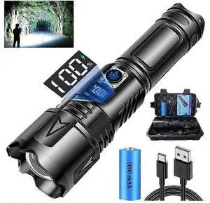 Ecocleanpath USB-C Rechargeable LED Flashlight, 100000 Lumens Super Bright, Zoomable & Waterproof, 5 Modes, Power Bank Function (Black) Ecocleanpath USB-C Rechargeable LED Flashlight, 100000 Lumens Super Bright, Zoomable & Waterproof, 5 Modes, Power Bank Function (Black)