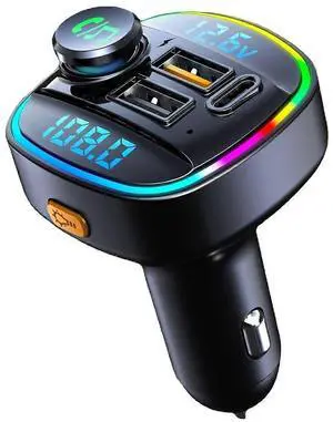 Ecocleanpath USB C Bluetooth Car Adapter & Fast Charger with FM Transmitter, Voltage Display & 7-Color LED (Black)