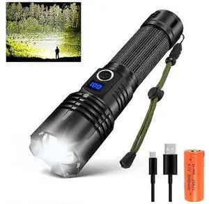 Ecocleanpath 30000 Lumens XHP70 LED Tactical Flashlight, Rechargeable Zoomable Torch, 5 Modes & Waterproof (Black)