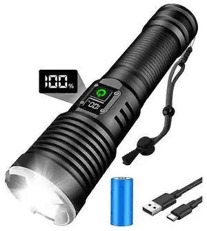 Ecocleanpath 15000LM Rechargeable LED Flashlight, 5 Modes & Zoom, LCD Power Display, IP67 Waterproof, Power Bank Function