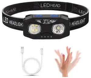Ecocleanpath USB Rechargeable LED Headlamp with Motion Sensor, 4 Modes, IPX4 Waterproof, Adjustable Head Torch (Black)