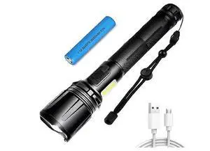 Ecocleanpath 10000 Lumens Rechargeable LED Flashlight, XHP70.2 Tactical Torch with COB Side Light & Power Bank, IPX6 Waterproof, Black