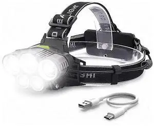 Ecocleanpath Super Bright Rechargeable Head Torch, 5 LED 6 Modes, Waterproof Black Headlamp for Outdoor