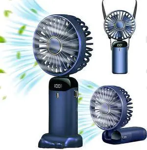 Ecocleanpath Blue Mini Handheld Fan with 5 Speeds & 90° Adjustable Head, Phone Holder & Neck Strap for Home Office Travel