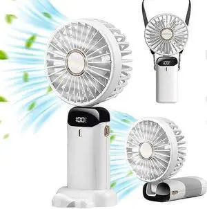 Ecocleanpath White Mini Handheld Fan with 5 Speeds & 90° Adjustable Head, Phone Holder & Neck Strap for Home Office Travel