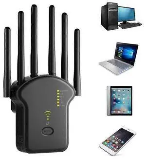 Ecocleanpath 1200Mbps WiFi Extender Dual-Band Repeater with LAN Port, 6 Antennas for Full Home Coverage (Black) Ecocleanpath 1200Mbps WiFi Extender Dual-Band Repeater with LAN Port, 6 Antennas for Full Home Coverage (Black)
