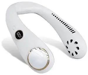 Ecocleanpath White Neck Fan with 3 Speeds & LED Display, 360° Cooling for Outdoor Travel & Indoor Use