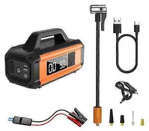 Ecocleanpath QB05 Portable Air Compressor Tire Inflator with Power Bank & LED Light for Car, Bike, Ball (Orange)
