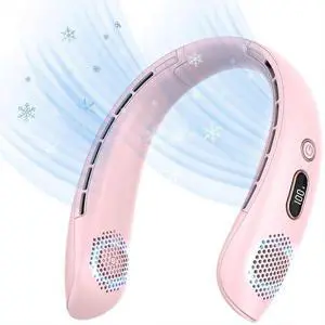 Ecocleanpath Pink Bladeless Neck Fan with LED Display, 3000mAh USB Rechargeable, 360° Cooling, 3 Speeds, Ultra-Quiet
