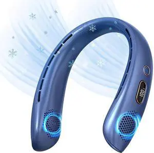 Ecocleanpath Blue Bladeless Neck Fan, 3000mAh USB Rechargeable, LED Display, 360° Cooling, 3 Speeds, Ultra-Quiet