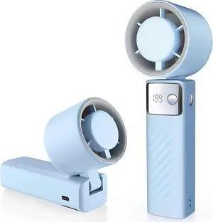 Ecocleanpath Blue Portable Turbine Fan: 199 Speeds, LED Display, 6H Battery, Foldable & USB-C Rechargeable