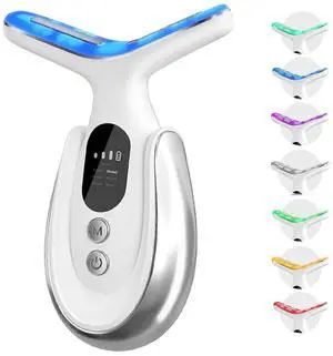 Ecocleanpath 7-in-1 Portable Neck & Face Massager with Heating & Vibration - EMS Microcurrent, 7 LED Modes, White