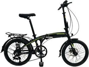 The Origami Gazelle is a great companion for anyone wanting a versatile and lightweight folding bike. Its 8-speed gear set and disc brakes make it a great commuter or weekend bike. black/neon green