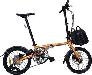 The Origami Lotus packs a lot of performance into a compact and sporty package. Chromoly frame, 16" wheels, 9-speed gear set, 58T chainring, and hydraulic disc brakes. Tangerine
