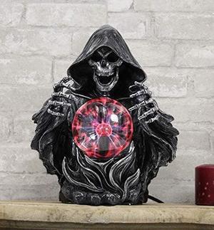 Ebros 11.25" H Gothic Alchemy Arch Evil Grim Reaper Skeleton Invoking Death Statue Electric Plasma Scrying Glass Ball Lamp AC Powered Flashing Lights Party Accent Home Decor