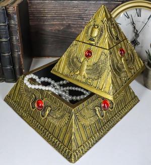 Ebros Egyptian Golden Winged Scarab Falcon Pyramid Jewelry Box Figurine 725H