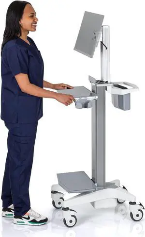 Stand Steady Medical Computer Cart for All-in-One Computers | Height Adjustable Medical Cart for Centralized Patient Reporting | Stainless Steel VESA-Compatible Mobile Computer Cart with Wheels
