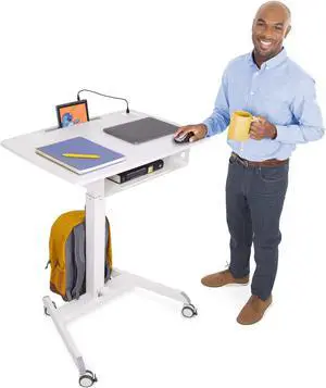 Stand Steady Cruizer Mobile Podium with UL Safety Certified Power Outlets | 31" Height Adjustable Student Desk with Built-In Storage | Portable Standing Desk | Rolling Laptop Desk (White / 31" x 22")