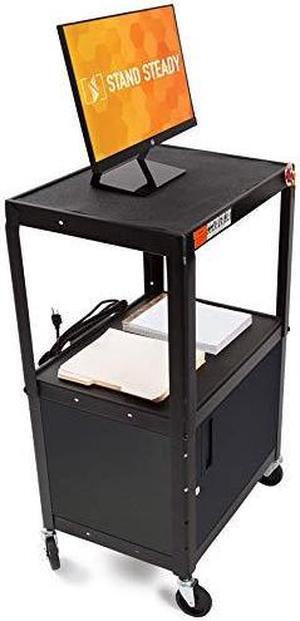 Line Leader AV Cart w/Locking Cabinet, Black Metal Utility Cart with Storage Shelf - Height Adjustable, Mobile and Great for Offices, Classrooms, Libraries (Black, 24in x 18in)