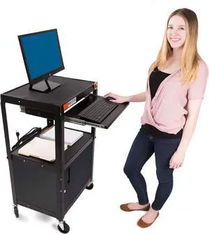 Line Leader AV Cart and Locking Cabinet - Includes Pullout Keyboard Tray, Easy Locking Wheels and Cord Management - Great for School and Office (42 x 24 x 18 / Black)