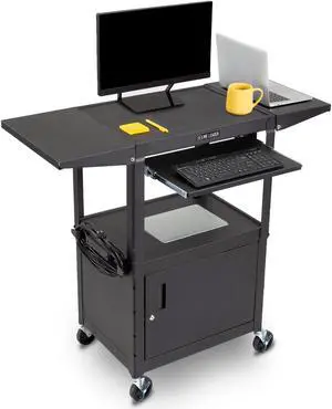 Line Leader Rolling AV Cart with Locking Cabinet, Laptop Stand, and Drop Leaves, Height Adjustable Mobile Utility Cart Workstation with Extra Storage Space, UL-Listed Power Strip (Black / 46 x 18)