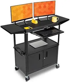 Line Leader Large AV Cart with Locking Cabinet & Drop Leaves | Height Adjustable Utility Cart | Includes Pullout Keyboard Tray & Cord Management | Easy Assembly (66in x 18in x 42in / Black)