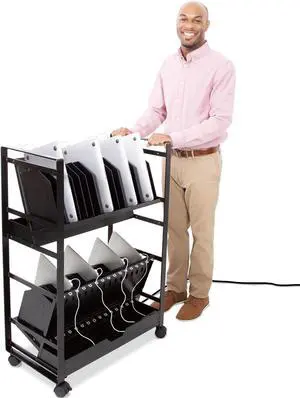 Line Leader 32 Device Mobile Charging Station - Portable and Rolling Open Charging Storage Cart with Reversible Top Shelving for Tablets, Laptops, Chromebooks, UL Safety-Certified w/ Surge Protection