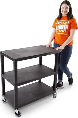 Stand Steady Flat Top Utility Cart by Tubstr | Heavy Duty Service Cart Supports 400 lbs. | Three Shelf Multipurpose Cart Perfect for Home, Garage, Catering, Warehouse & More! (Black / 35 x 18)