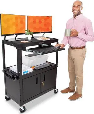 Line Leader Large AV Cart with Locking Cabinet | Height Adjustable Utility Cart with Pullout Keyboard Tray & Cord Management | UL Safety-Certified Computer Cart | Easy Assembly (32 x 18 x 42in)