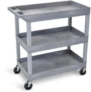 Tubstr 3 Shelf Utility Cart | Heavy Duty Service Cart Supports Up to 400 lbs | Tub Cart with Deep Shelves | Great for Warehouse, Garage, Cleaning, Office & More (32 x 18 / Gray)