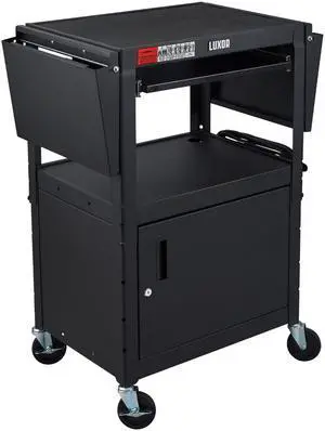 Line Leader Rolling AV Cart with Locking Cabinet, Laptop Stand, and Drop Leaves, Height Adjustable Mobile Utility Cart Workstation with Extra Storage Space, UL-Listed Power Strip (Black / 46 x 18) Line Leader Rolling AV Cart with Locking Cabinet, Laptop Stand, and Drop Leaves, Height Adjustable Mobile Utility Cart Workstation with Extra Storage Space, UL-Listed Power Strip (Black / 46 x 18)