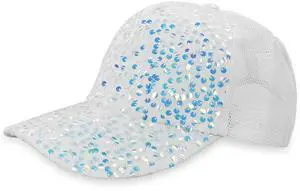 Bling Baseball Caps with Ponytail Hole, Sequin Ball Hat for Disco/Hip Hop/Punk Rock or Travel H-H-M3 (US, Alpha, One Size, Medium, White)