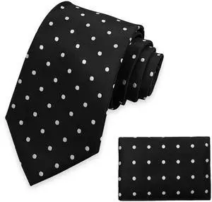 Mens Ties with Handkerchief, Men Classic Formal Business Elegant Ties and Pocket Squarefor Wedding Party M3-T-6S (Black With White Polka Dots)