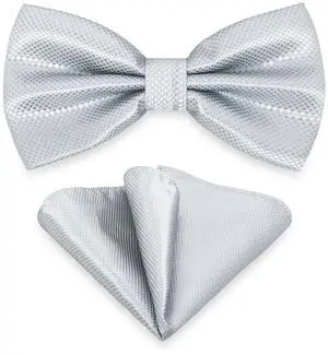 Men Bowtie and Handkerchief Set, Unisex Design Bow Tie and Pocket Square For Business Formal Tuxedo or Wedding M-B-T9 (Silver)