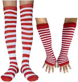 Women Striped Long Fingerless Gloves, Winter Knitted Arm Warmers For Punk Rock/Cosplay/Goth/Christmas Party WM-S-G5 (Z1 - White and Red Socks + Gloves)