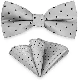 Men Bow Tie Pocket Square Set, Men Bowtie with Handkerchief For Wedding Party or Formal Tuxedo M-S-B6BT (Gray/Silver with Black Polka Dots)