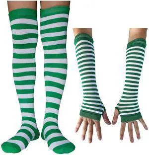 Women Striped Long Fingerless Gloves, Winter Knitted Arm Warmers For Punk Rock/Cosplay/Goth/Christmas Party WM-S-G5 (Z1 - White and Green - Socks + Gloves)
